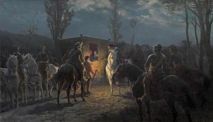 A cena da noite. Alpinistas sustentam uma carruagem nobre